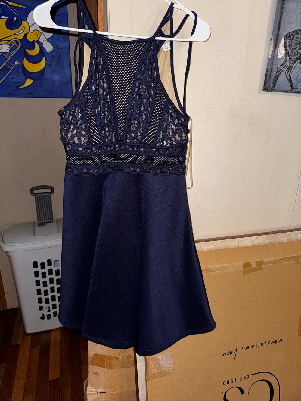 Navy Lace & Mesh Fit-and-Flare Dress